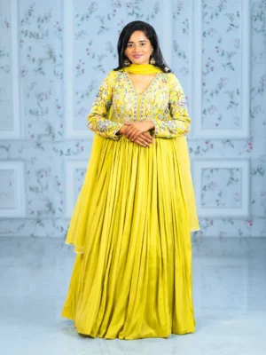 Parrot Green Floral Embroidery Lycra Partywear Gown