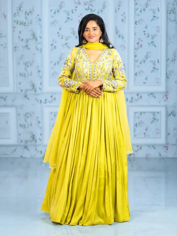 Parrot Green Floral Embroidery Lycra Partywear Gown