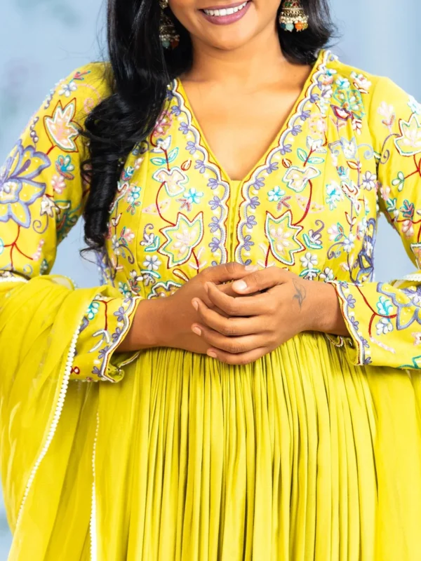 Parrot Green Floral Embroidery Lycra Partywear Gown