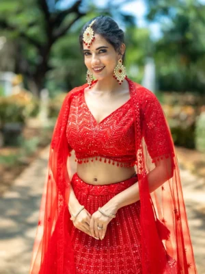 Red Sequins Embroidered Net Lehenga for Bridesmaids