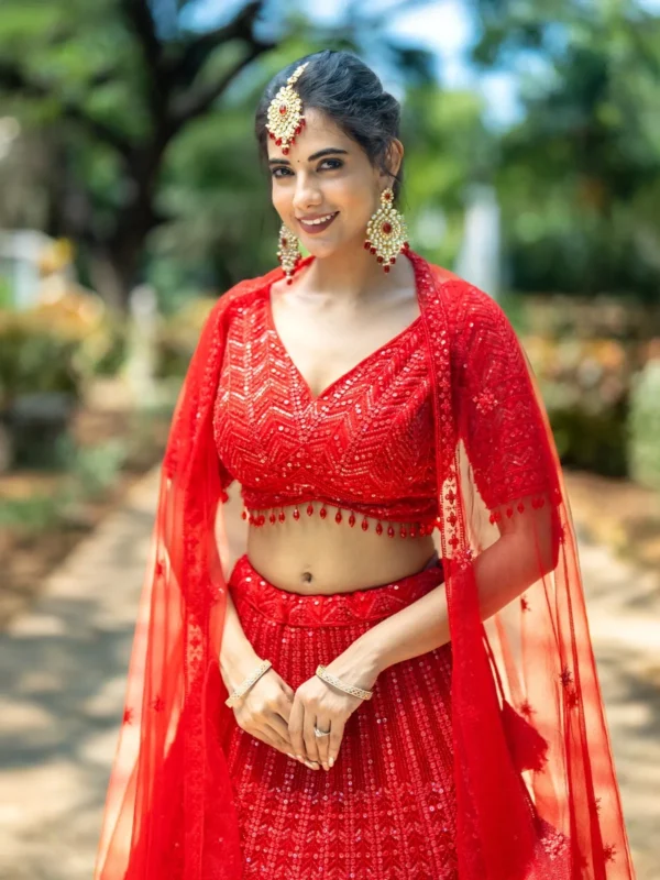 Red Sequins Embroidered Net Lehenga for Bridesmaids