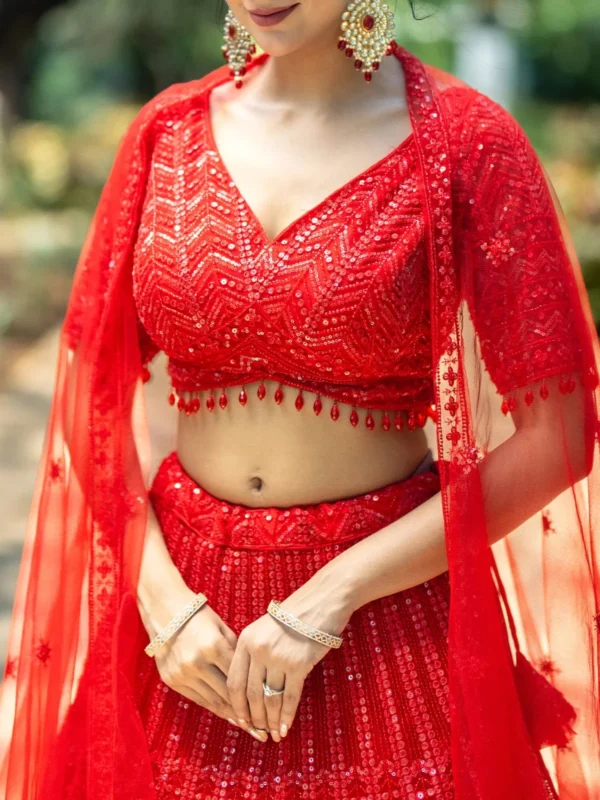 Red Sequins Embroidered Net Lehenga for Bridesmaids