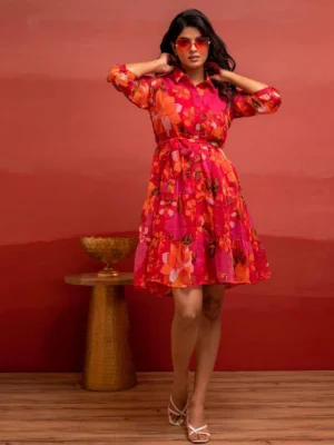 Dark Pink Floral Printed Georgette Short Dress