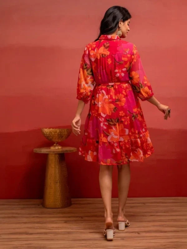 Dark Pink Floral Printed Georgette Short Dress