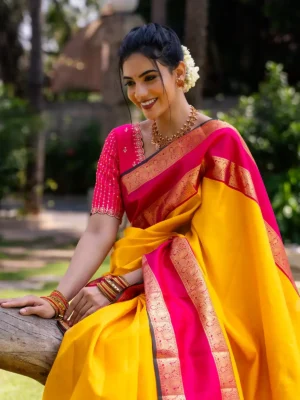 Yellow Floral Woven Pure Kanchipuram Silk Saree